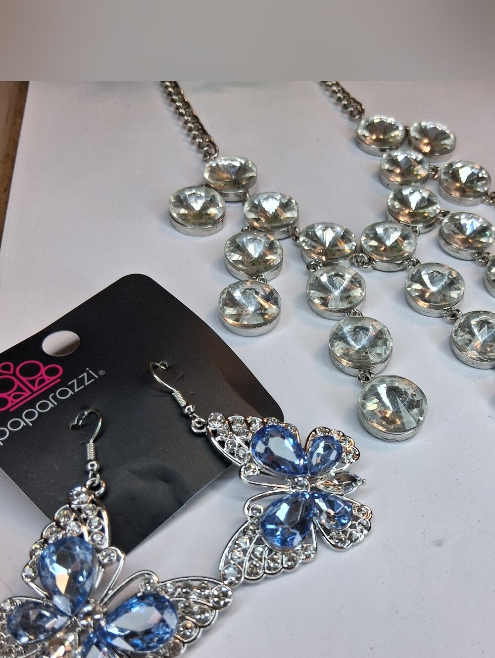 Silver and Blue Butterfly Statement Necklace and Earrings Set